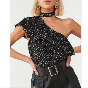 black bodysuit with white polka dots